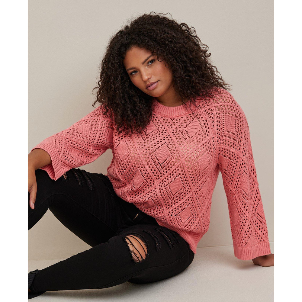 Torrid Pink Crew Neck Sweater with Intricate Knit Design